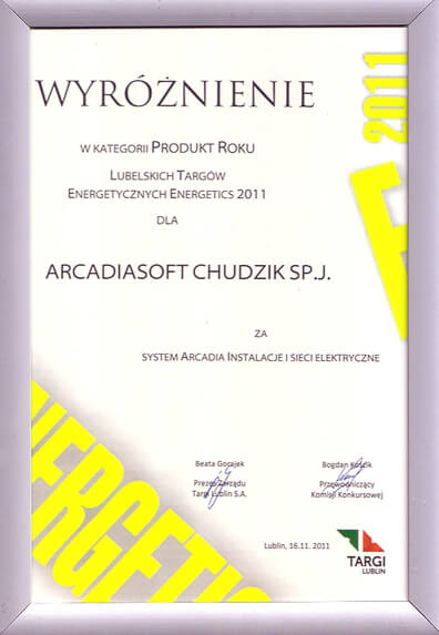 Dyplom ArCADia INSTALACJE ENERGETYCZNE produkt roku Lubelskich Targ�w Energetycznych Energetics 2011